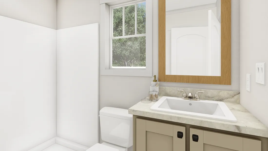 The 1001 "LAYLA" 5216 Primary Bathroom. This Manufactured Mobile Home features 2 bedrooms and 1 bath.