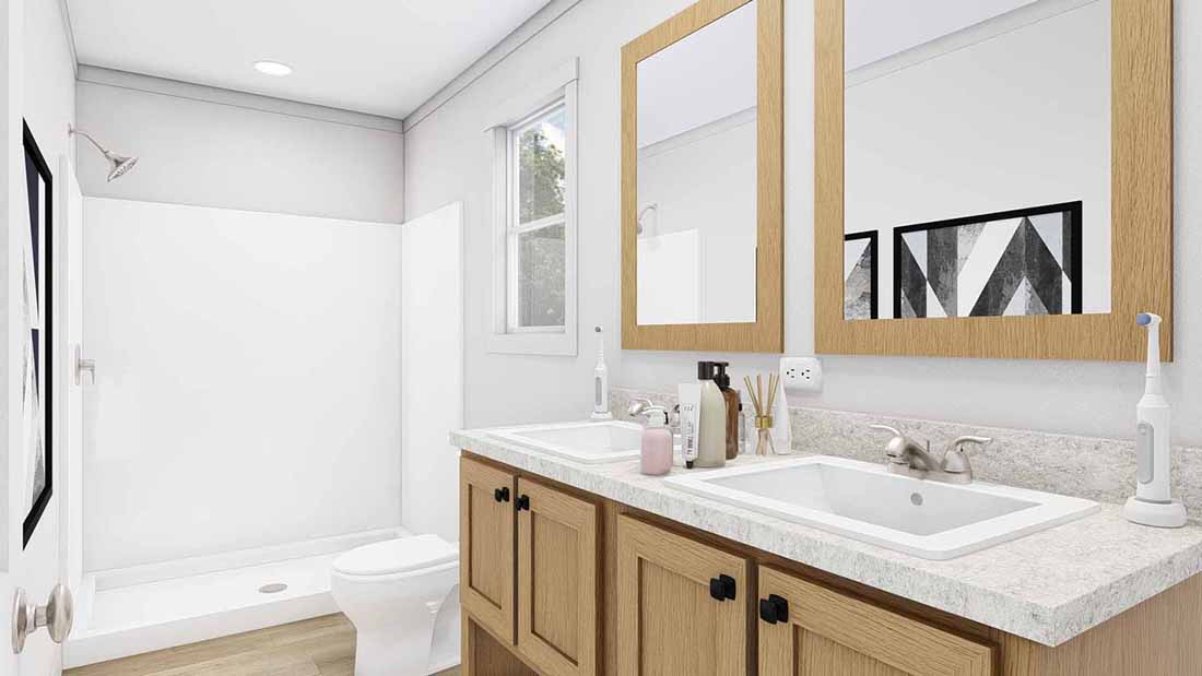 The 2008 "JOHNNY B GOODE" 5228 Primary Bathroom. This Manufactured Mobile Home features 3 bedrooms and 2 baths.